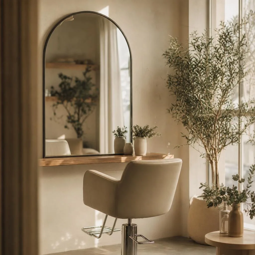 Warm cream salon interior — styling chair and mirror in soft afternoon light