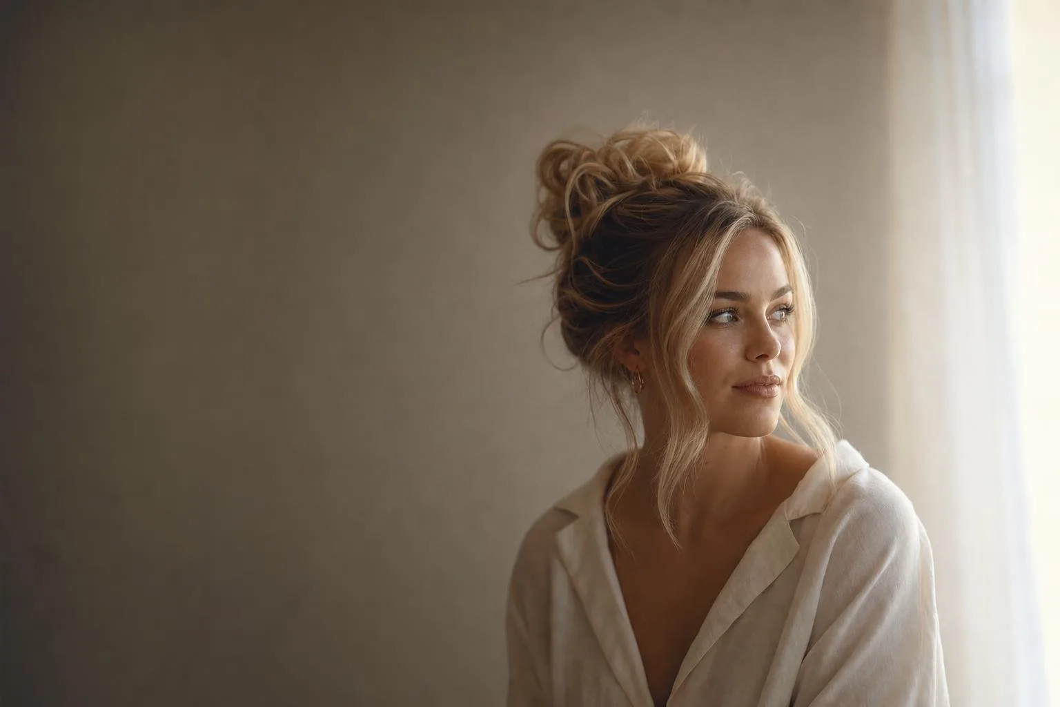 Editorial hair look by Rowan Ellis — soft golden salon light against a warm cream backdrop
